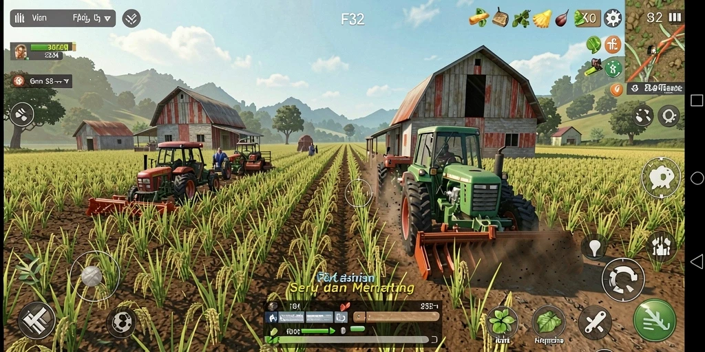 Tampilan gameplay menarik dari F32 dalam bertani dan hasil panen.