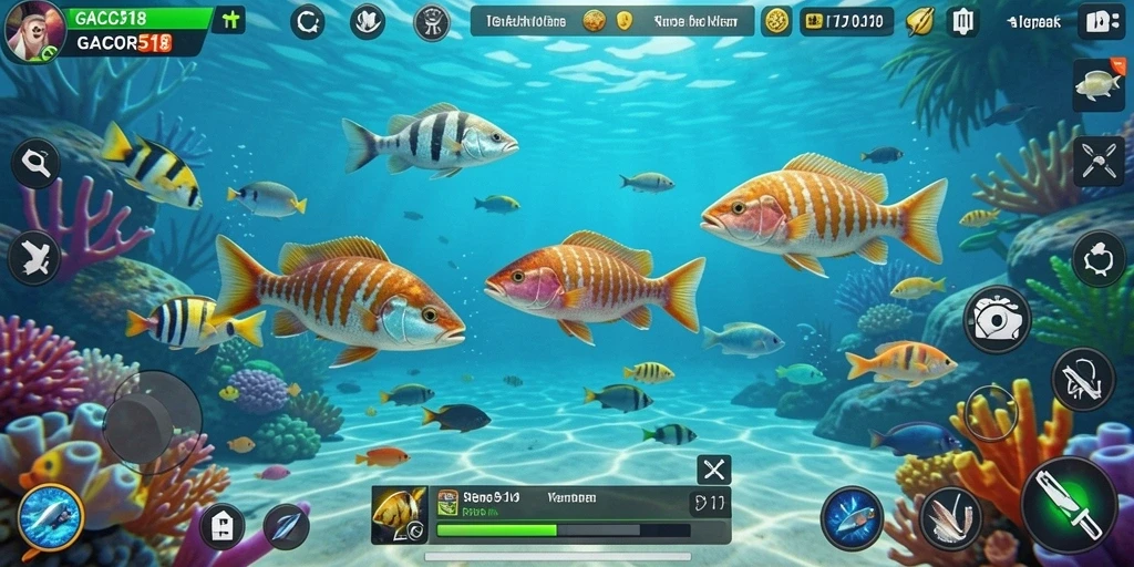Screenshot gameplay GACOR518 menampilkan pertempuran seru menangkap ikan.