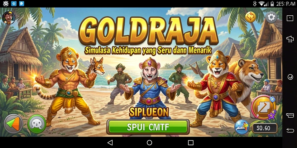 Screenshot utama GOLDRAJA menampilkan karakter dalam dunia simulasi yang penuh warna.