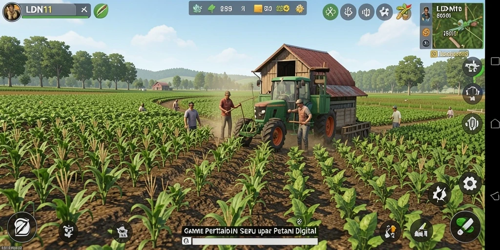Screenshot gameplay LDN11 menampilkan ladang subur dan aktivitas bertani.