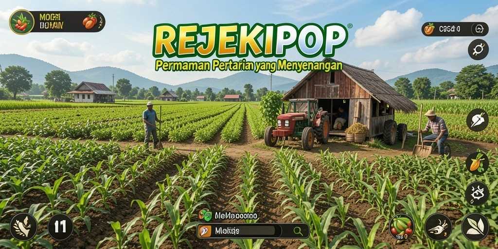 Screenshot gameplay REJEKIPOP menampilkan kebun yang ramai dan berwarna-warni.